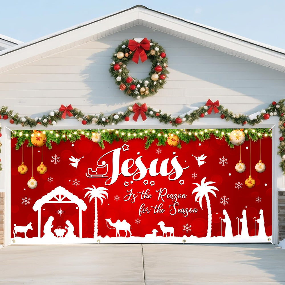 Ratoyal front garage door display showing nativity scene and bold red tones for curb appeal