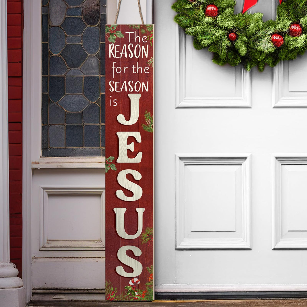 RattanView front view of Christmas porch board showing festive message and tree graphic for welcoming guests