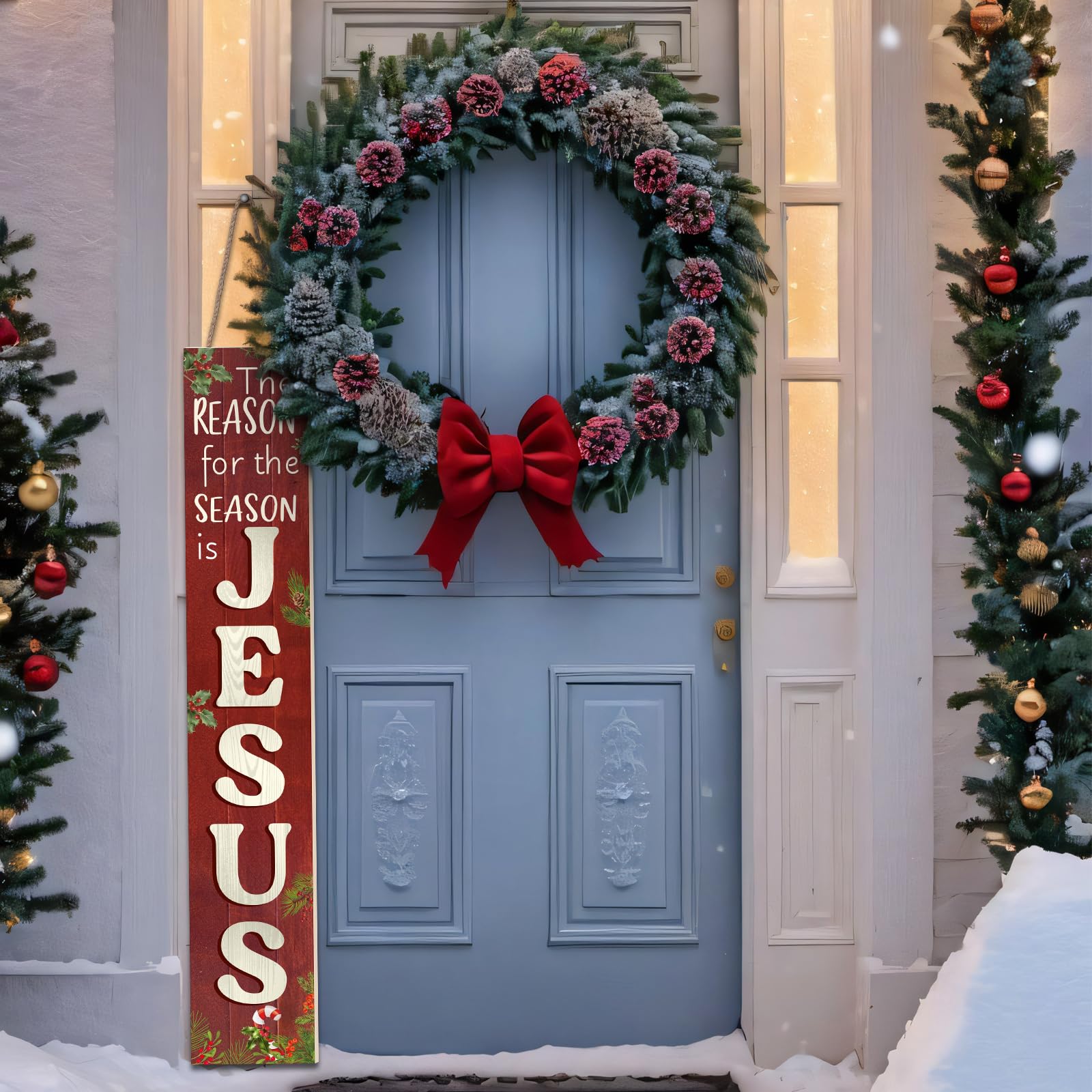 RattanView styled on a decorated entrance with lights and greenery portraying festive, faith-based holiday décor