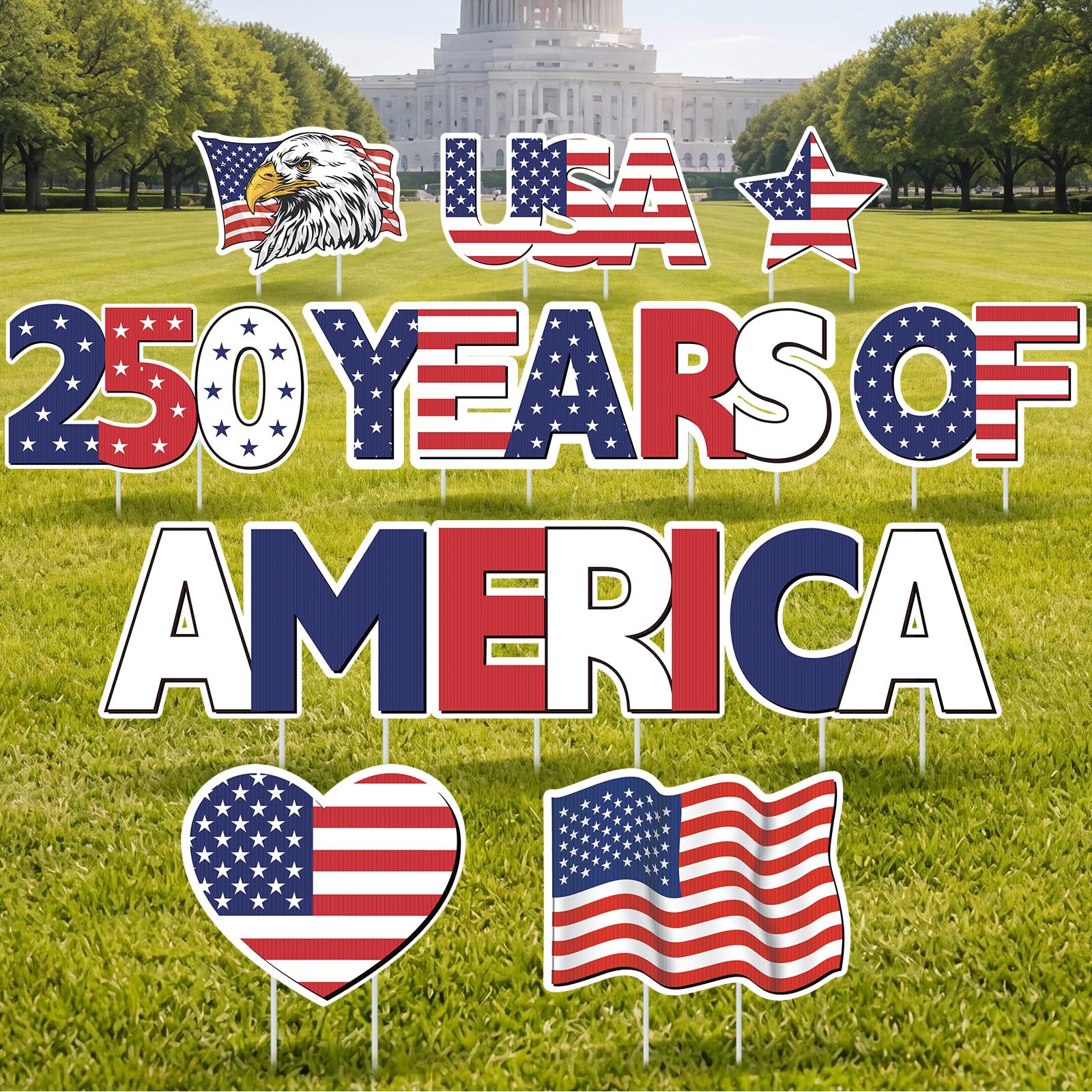 RattanView front view of 12-piece sign set showing patriotic graphics and visibility