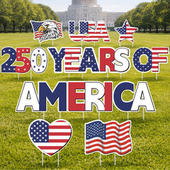 RattanView front view of 12-piece sign set showing patriotic graphics and visibility