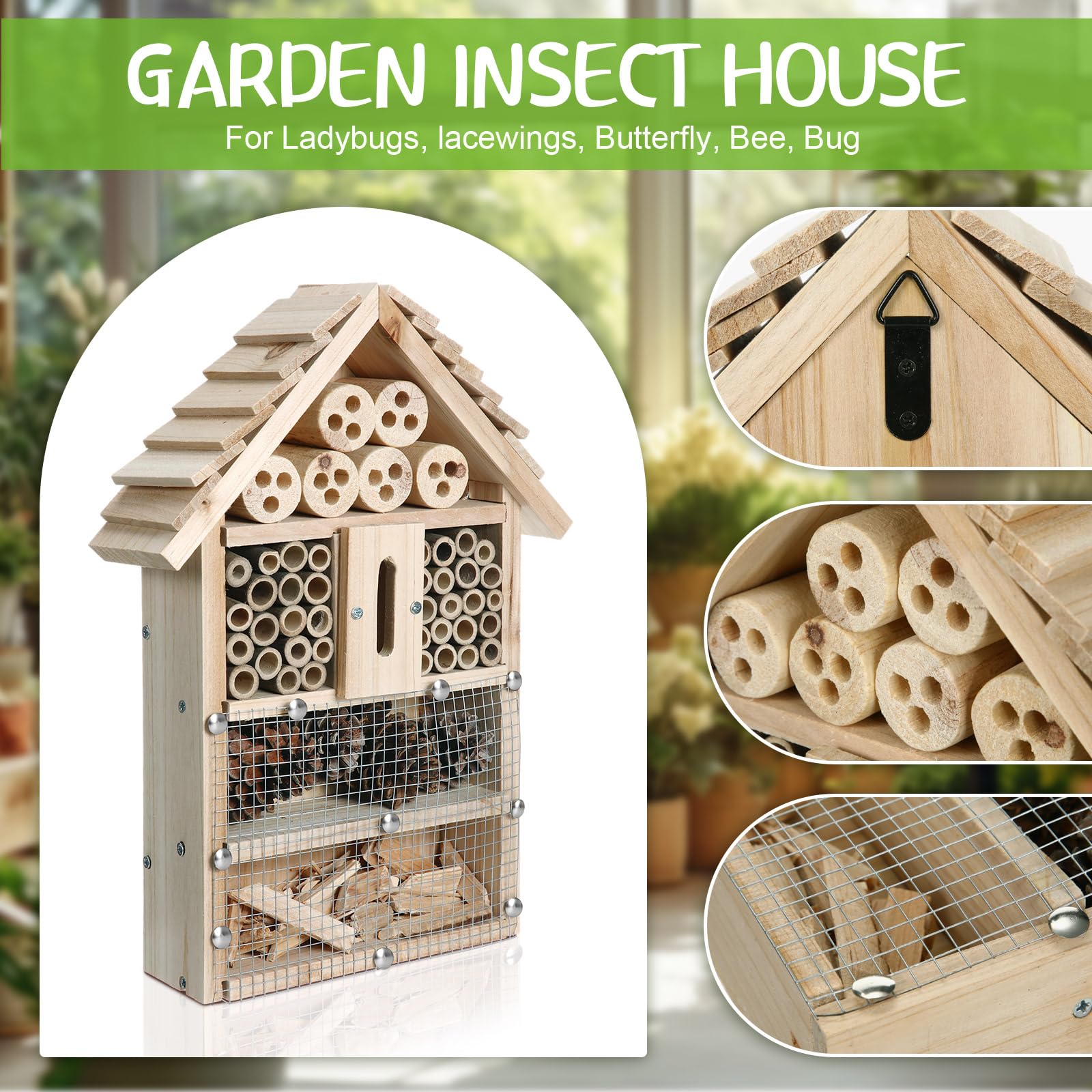 RattanView mounted insect hotel on fence near flowers enhancing pollinator habitat