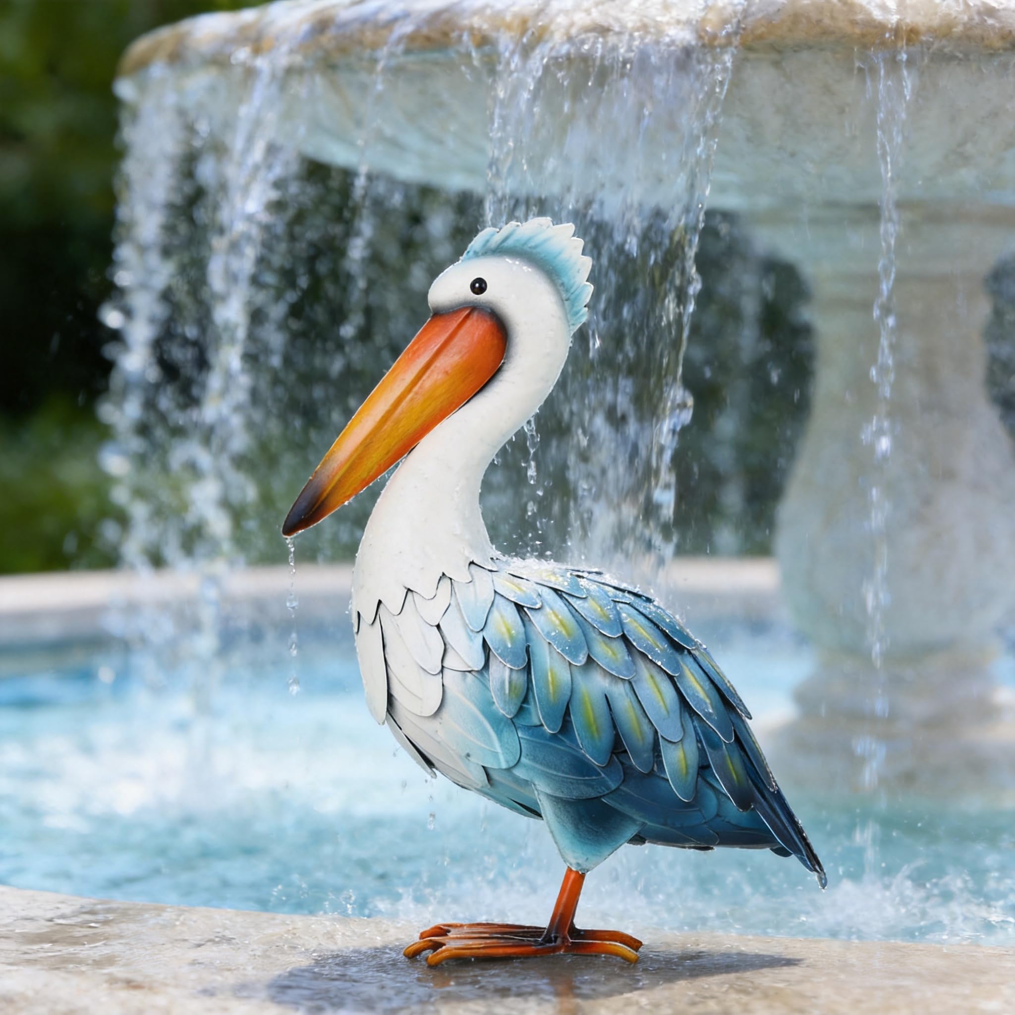 Ratuor pelican placed in flowerbed enhancing garden focal point
