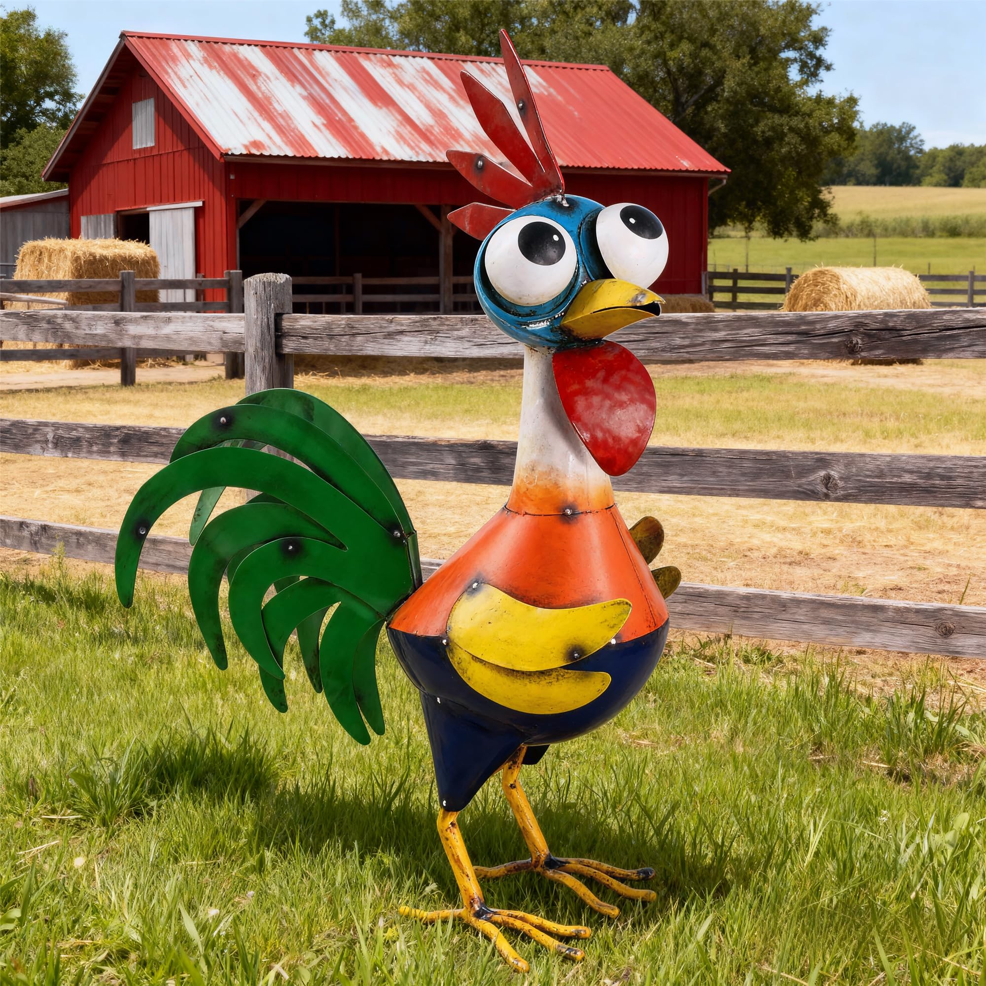Ratuor front view of rooster statue showing cheerful design and durable finish