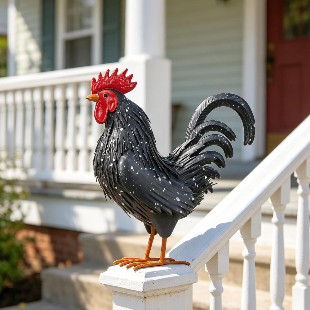 Ratuor rooster in garden setting showing contrast with plants