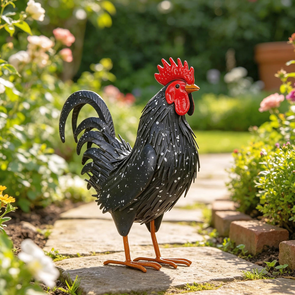 Ratuor rooster on patio table showing scale and decorative benefit