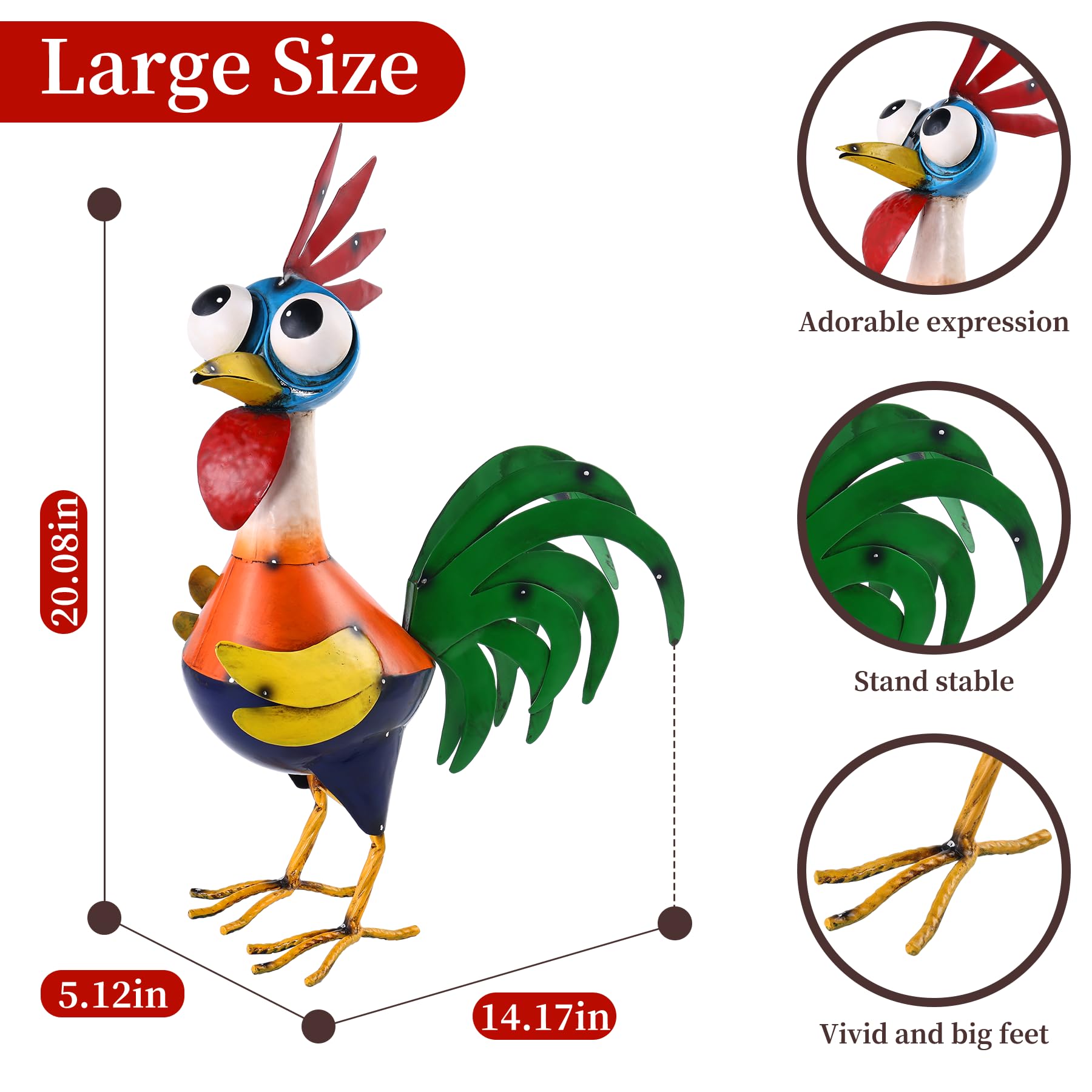 Ratuor side profile of metal rooster highlighting its hand-painted texture and stance