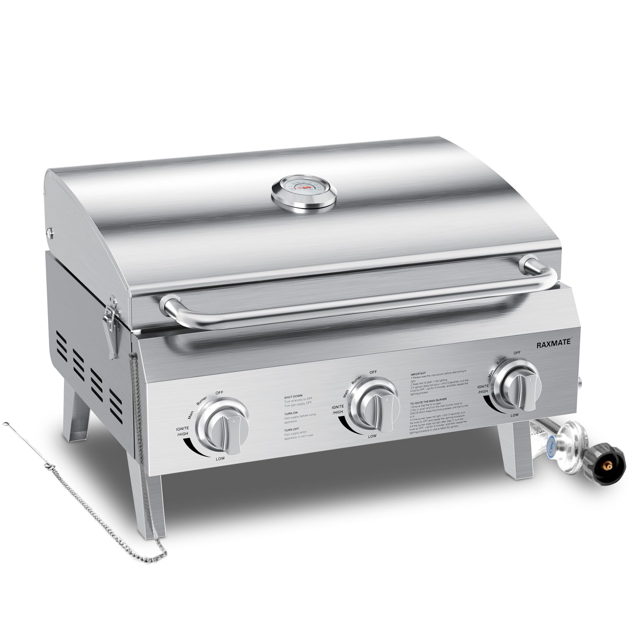 Raxmate front view of grill showing compact stainless steel housing and carrying handle for portability