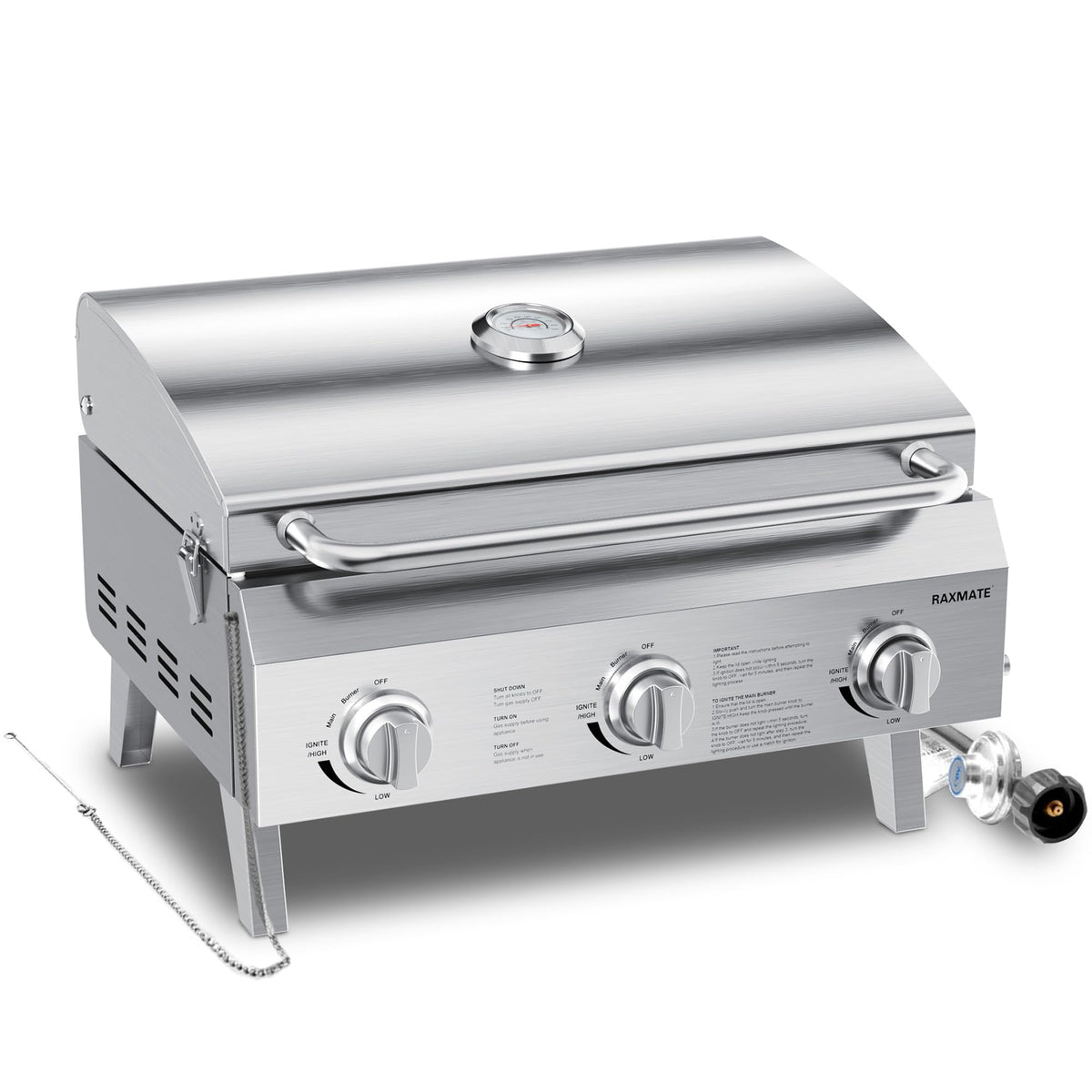 Raxmate front view of grill showing compact stainless steel housing and carrying handle for portability