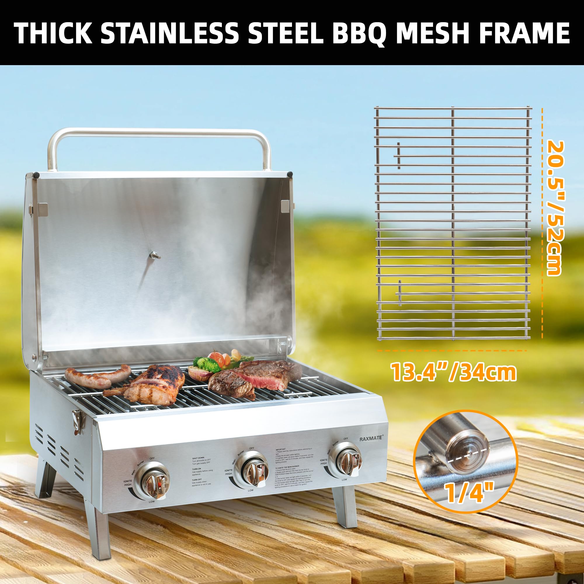 Raxmate removable grease tray detail for quick cleanup and reduced flare-ups after grilling