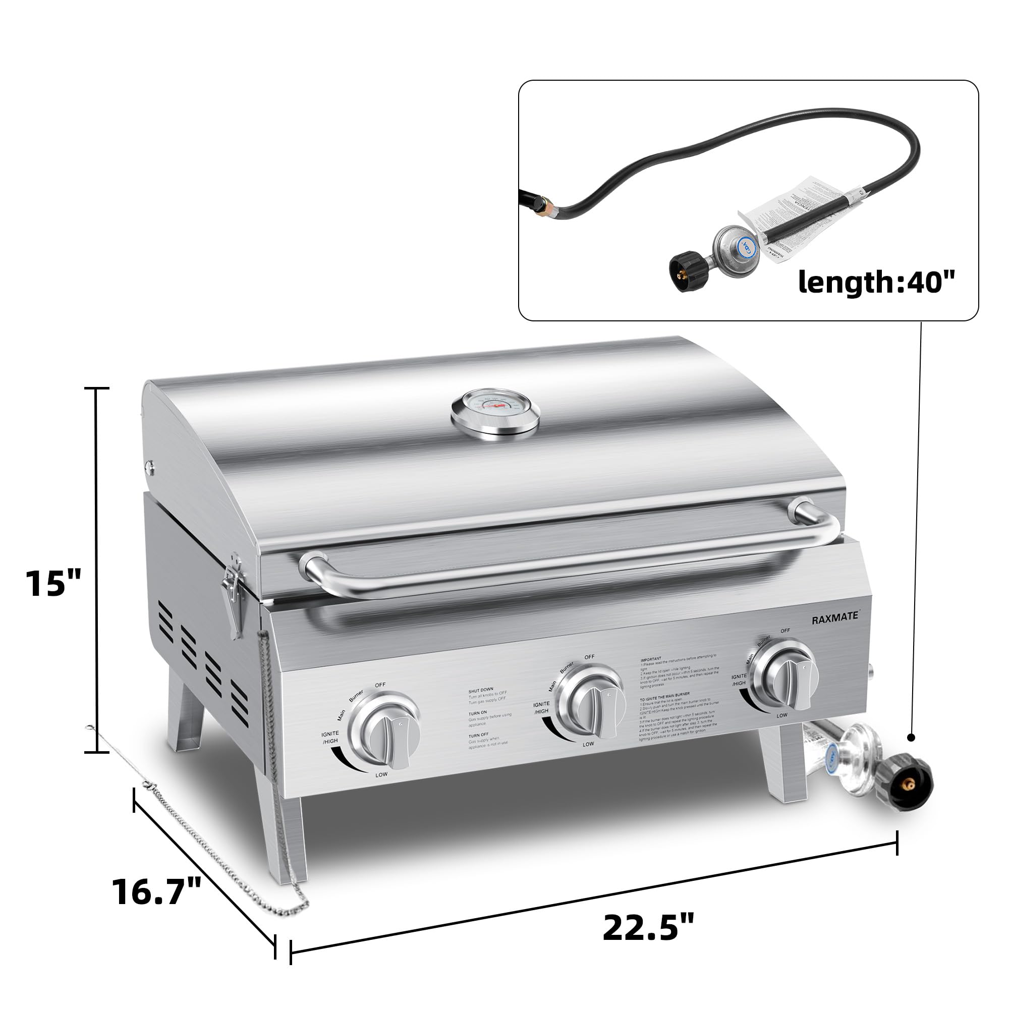Raxmate open grate with cooking area visible, demonstrating large surface for burgers and skewers