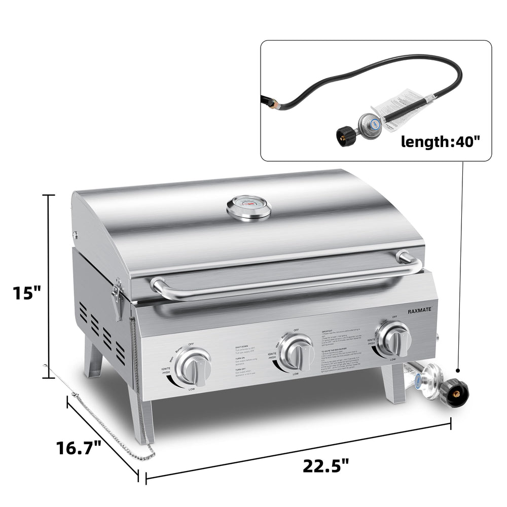 Raxmate open grate with cooking area visible, demonstrating large surface for burgers and skewers