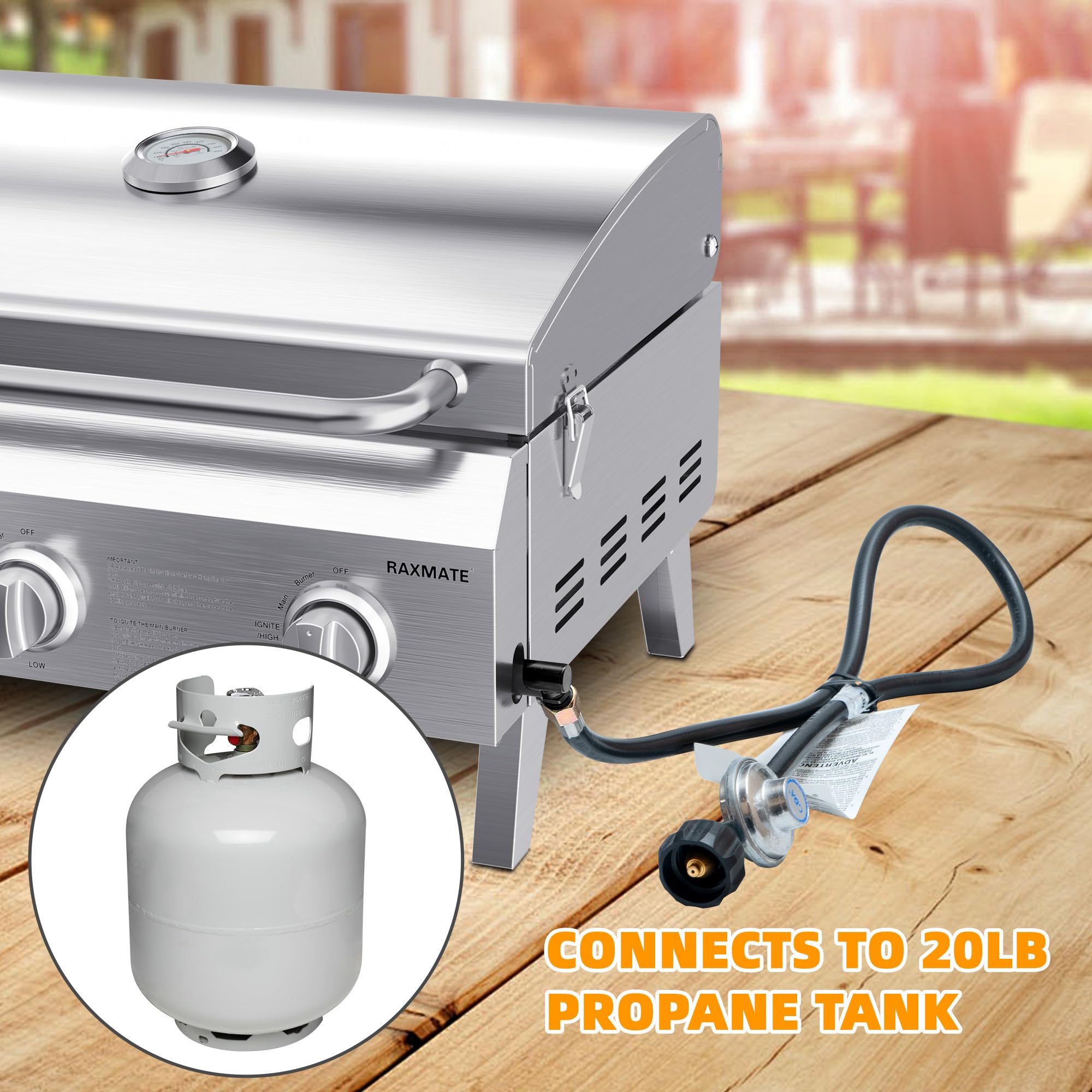 Raxmate beside a 20lb propane tank to show included hose compatibility and correct scale