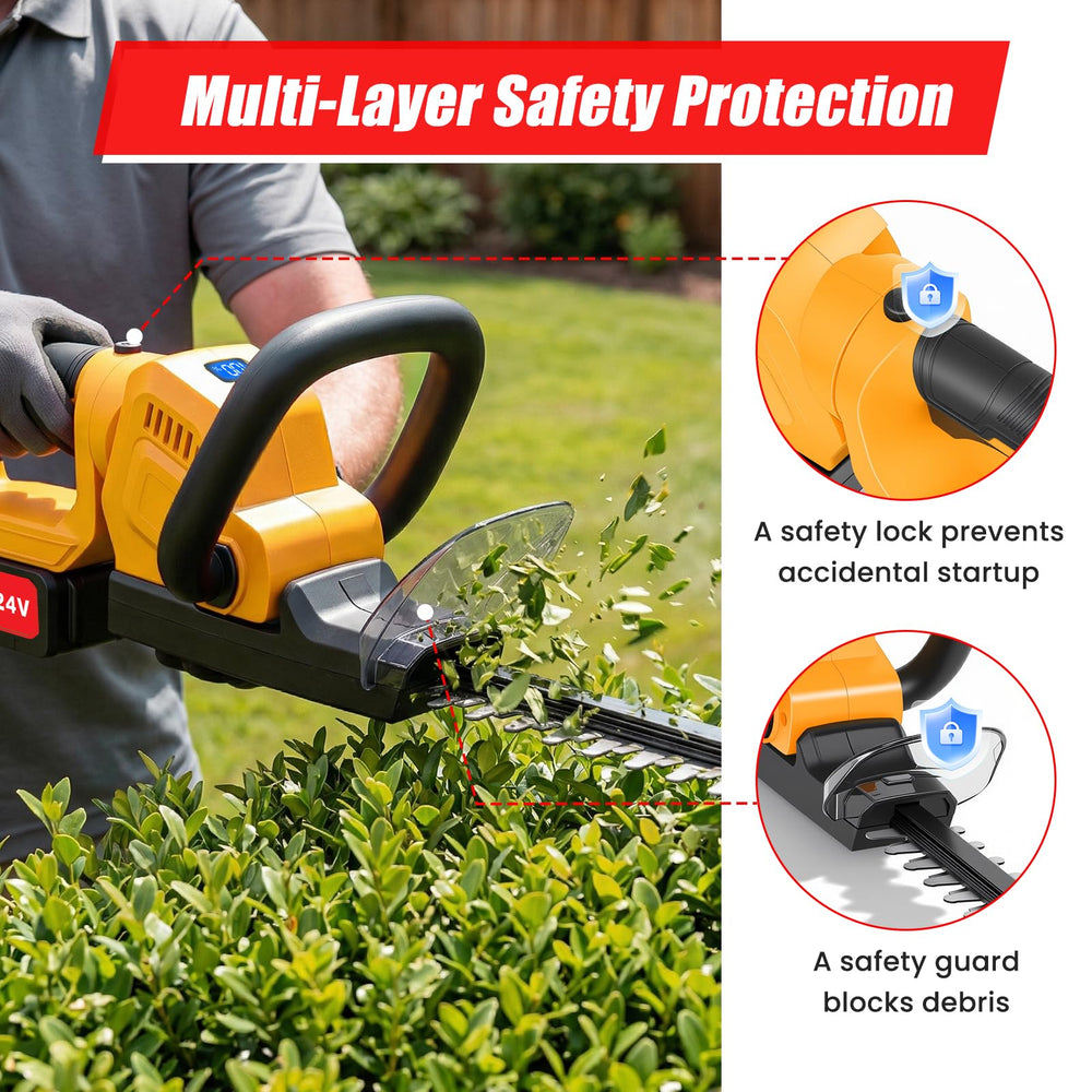 RAXONE hedge trimmer in use trimming tall shrubs for neat results