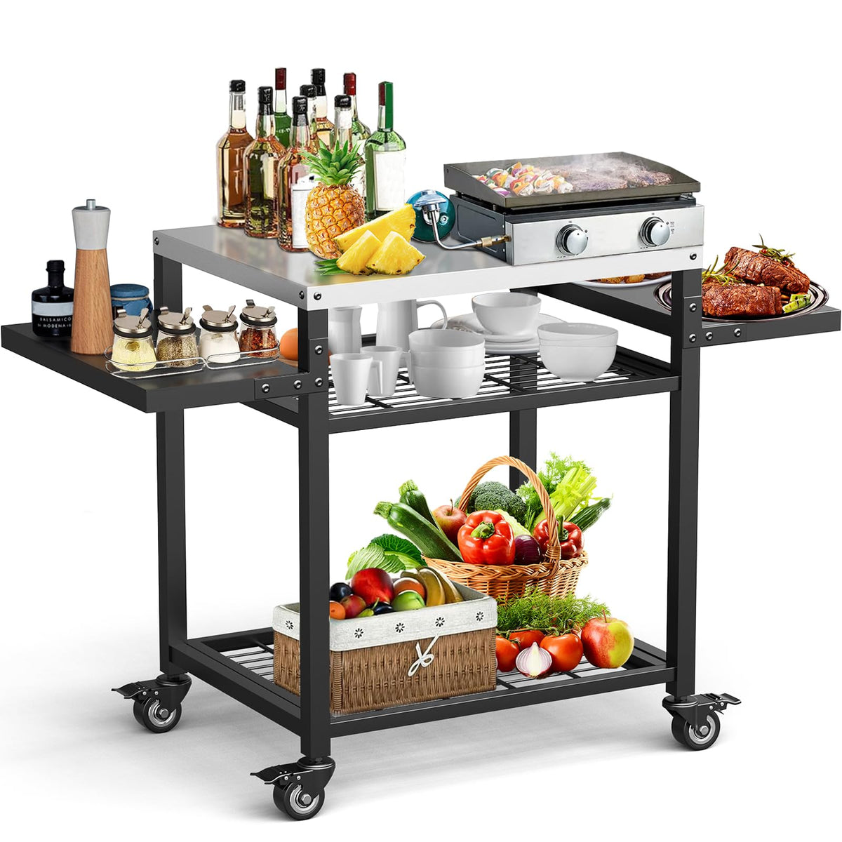 RAXSINYER grill cart front view showing modern design and prep benefit