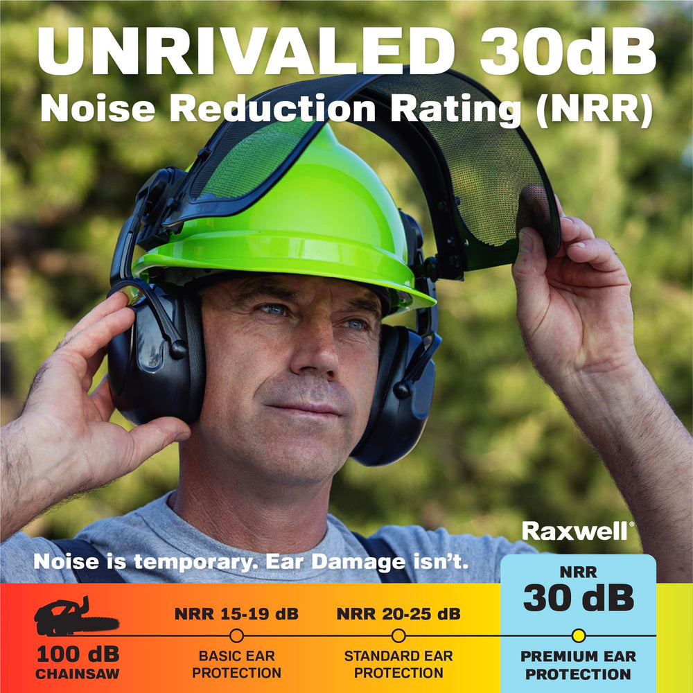 Raxwell earmuffs and earplugs attachment illustrating 30dB noise reduction