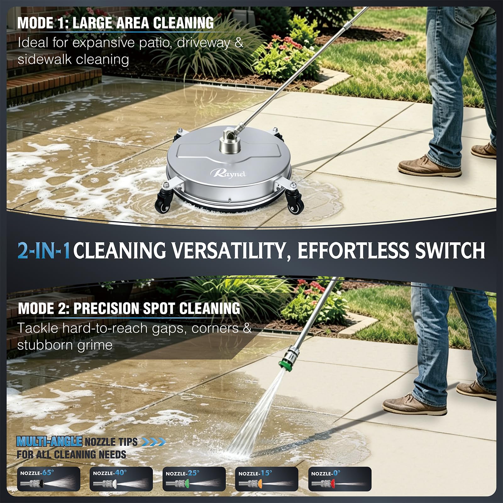 RAYNEL accessories laid out including nozzles and wands for immediate setup