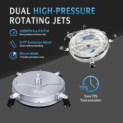 RAYNEL underside showing dual spinning nozzles delivering even, streak-free cleaning