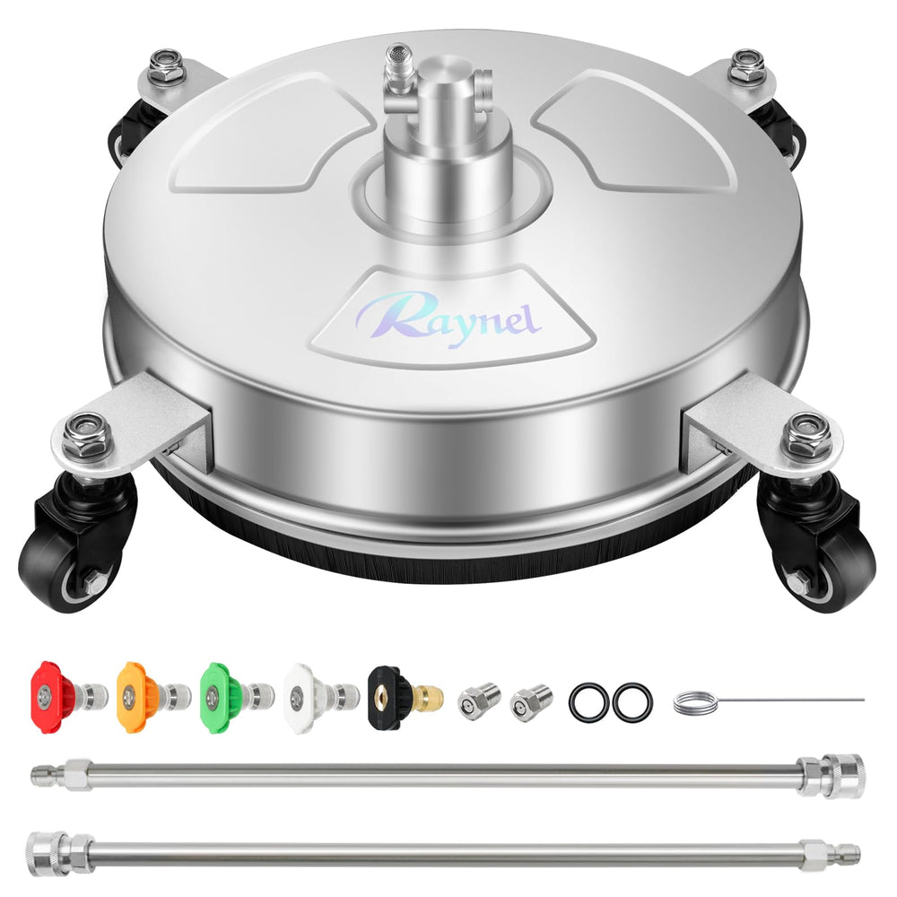 RAYNEL front view of 14-inch surface cleaner showing robust housing and benefits