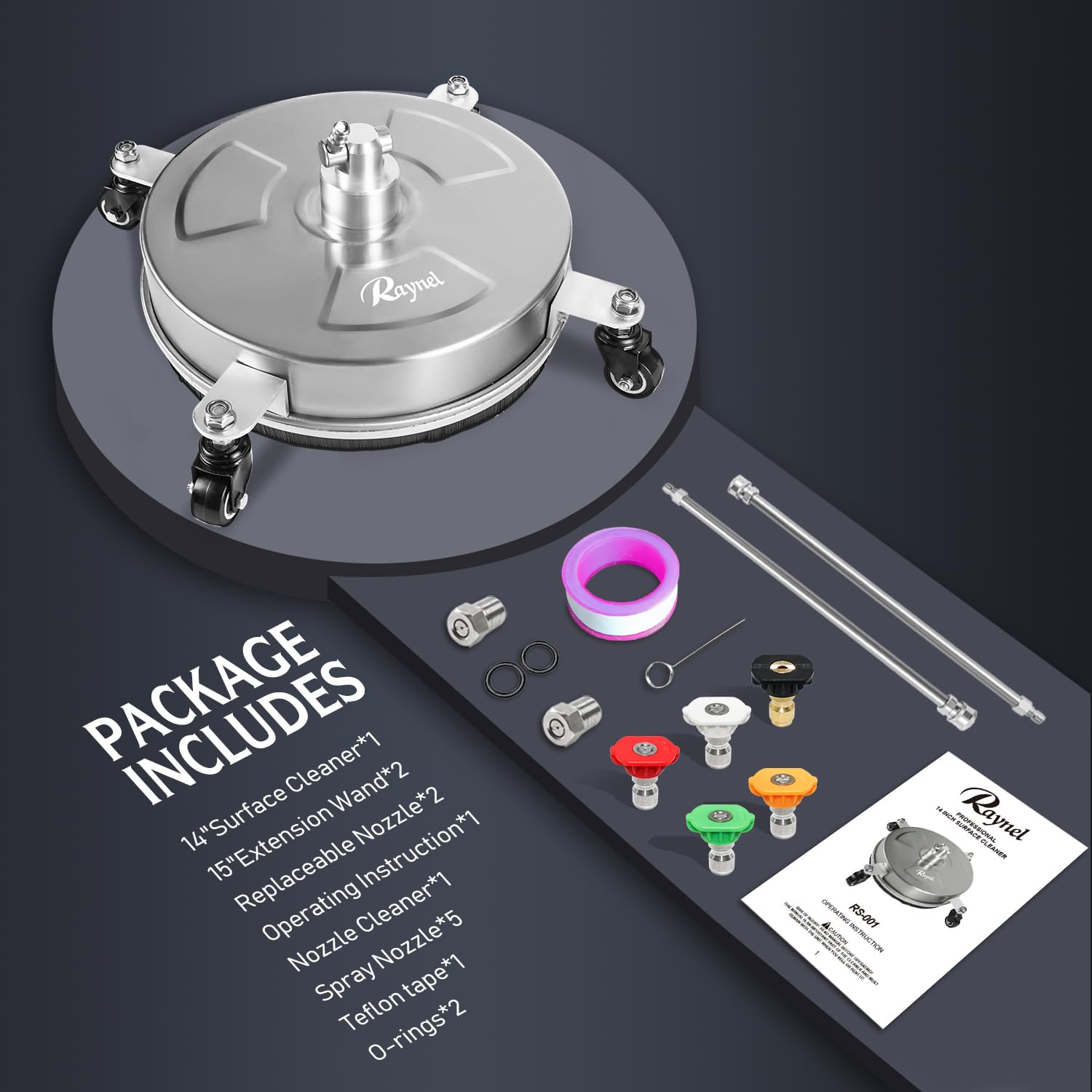 RAYNEL size comparison next to ruler showing compact 14-inch cleaning path