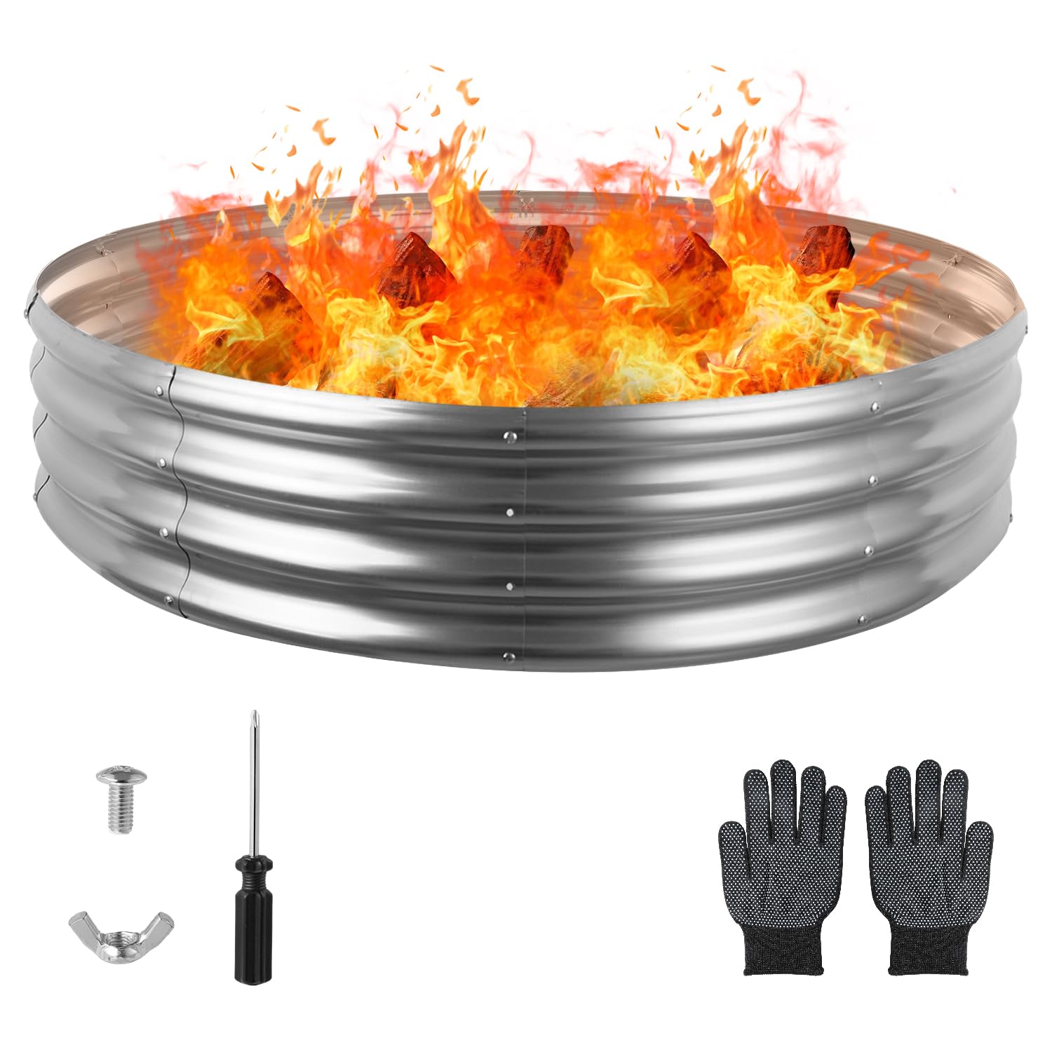Raynesys front view of 36-inch galvanized fire pit ring showing clean silver finish and shape benefit: clear containment