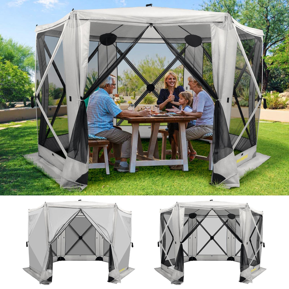 Raynesys front view of 6-sided gazebo showing shaded area and easy access