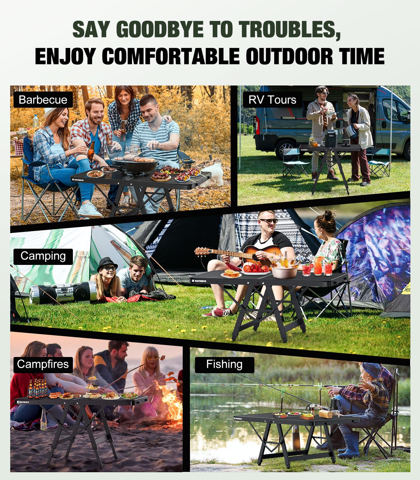 Raynesys lifestyle camping scene demonstrating outdoor dining and portability benefit