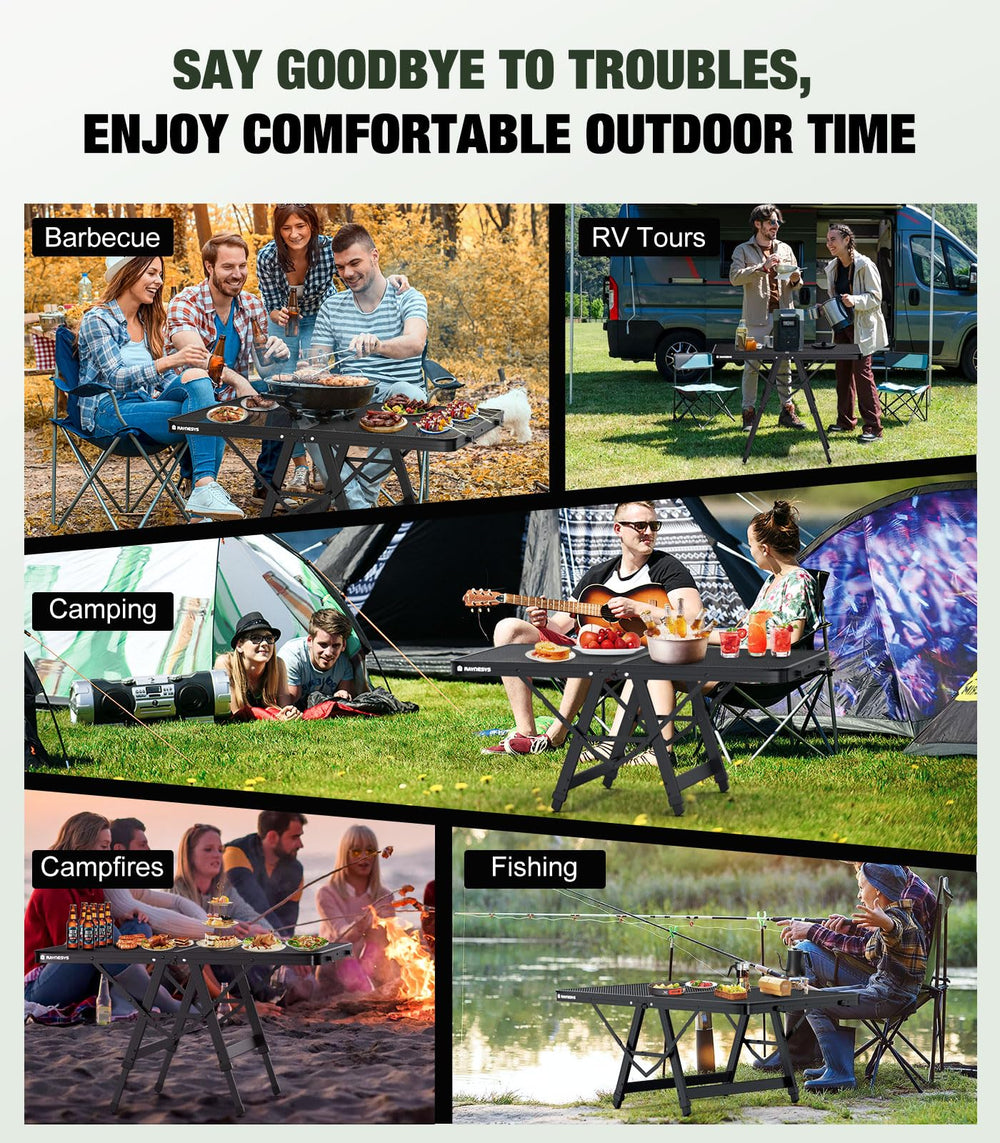 Raynesys lifestyle camping scene demonstrating outdoor dining and portability benefit