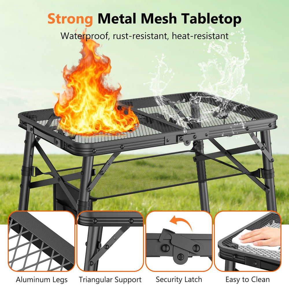 Raynesys table holding a portable grill to demonstrate cooking support