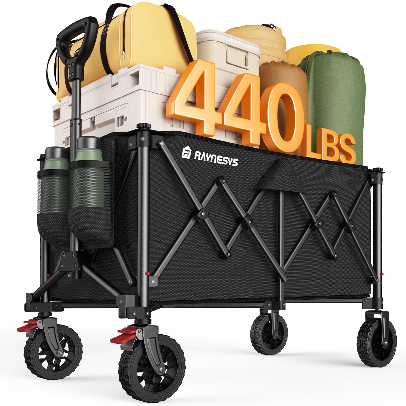 Raynesys wagon front view showing full 200L capacity and sturdy frame benefit