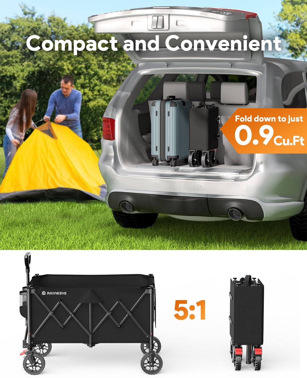 Raynesys wagon loaded with camping gear to show heavy-duty carrying convenience