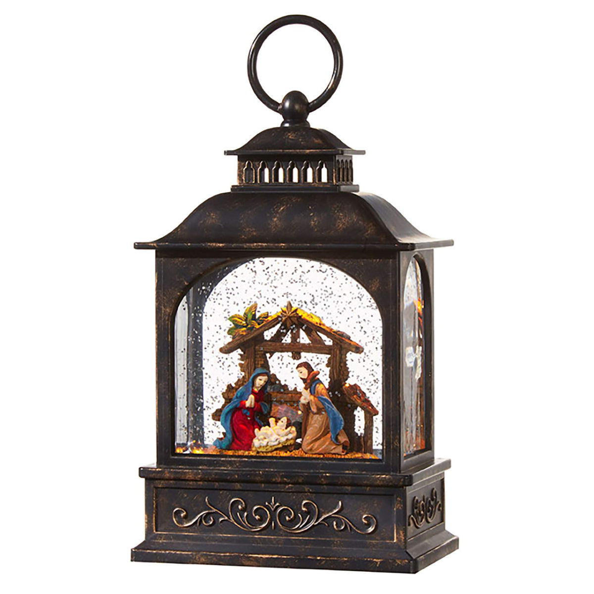 RAZ Imports nativity front view on table showing warm glow and glitter movement