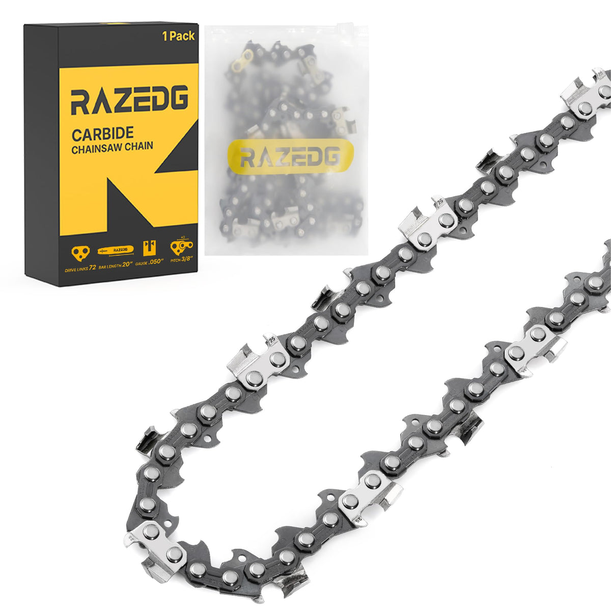 RazEdg front view of 20-inch carbide chain showing packaging and clear product ID benefit durability