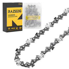 RazEdg front view of 20-inch carbide chain showing packaging and clear product ID benefit durability