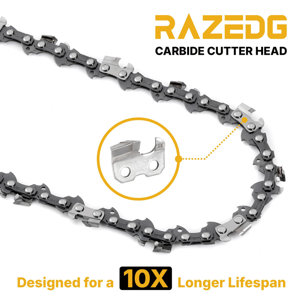 RazEdg side profile showing chain wrapped on 20" bar with 72 drive links for easy fit confirmation