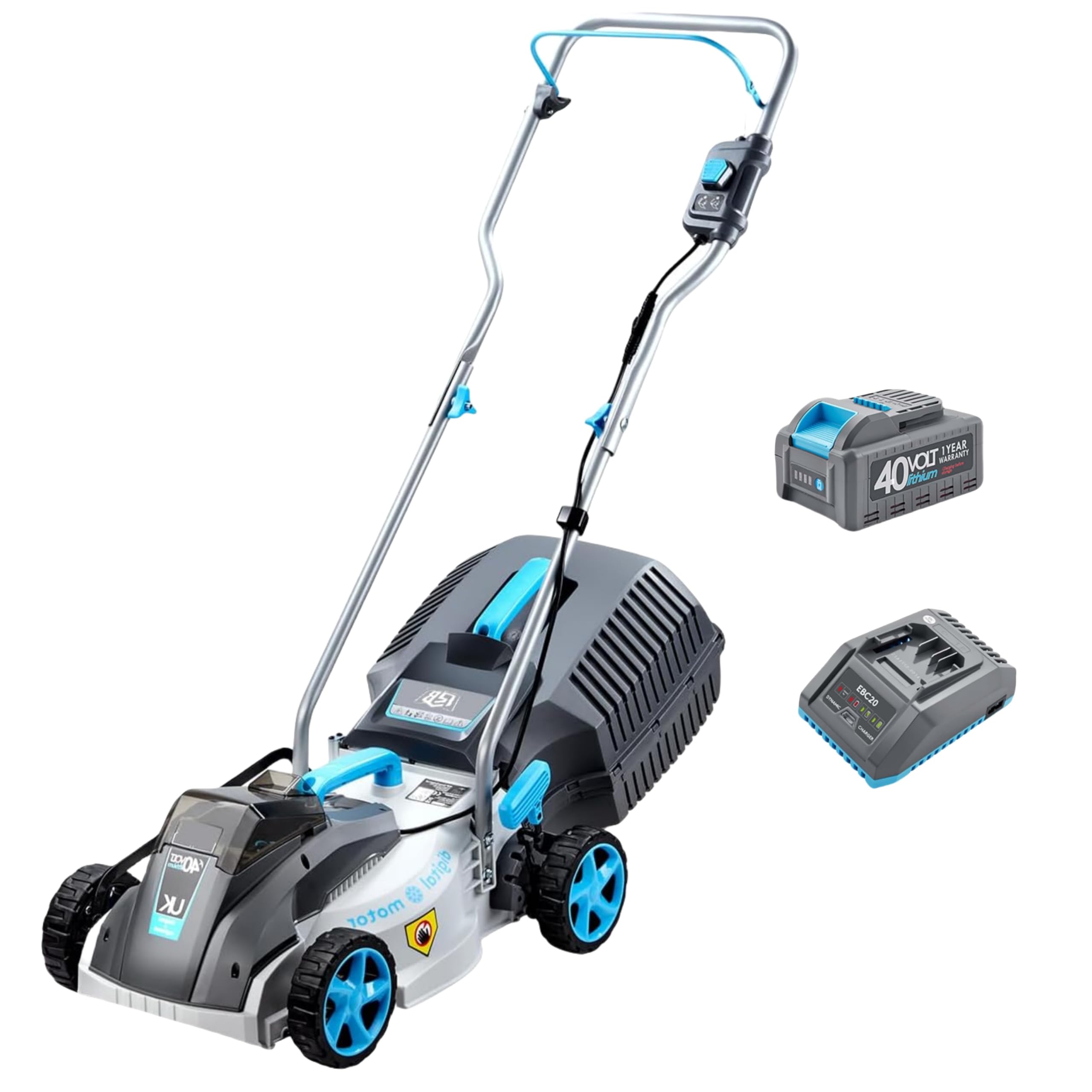 RB mower front view showing compact deck and easy start benefit
