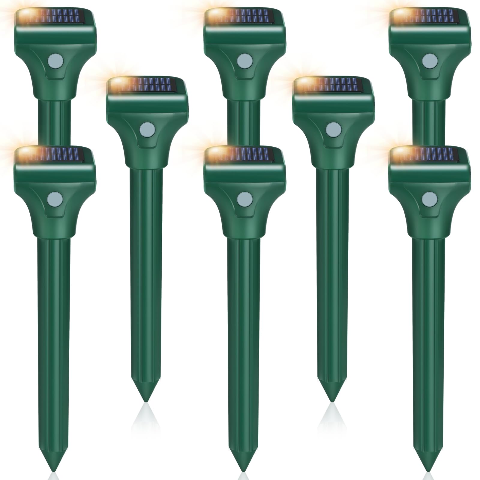 RC Tech Trading front pack of eight solar mole repellent stakes showing kit contents and branding for easy yard protection