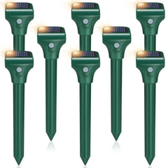 RC Tech Trading front pack of eight solar mole repellent stakes showing kit contents and branding for easy yard protection