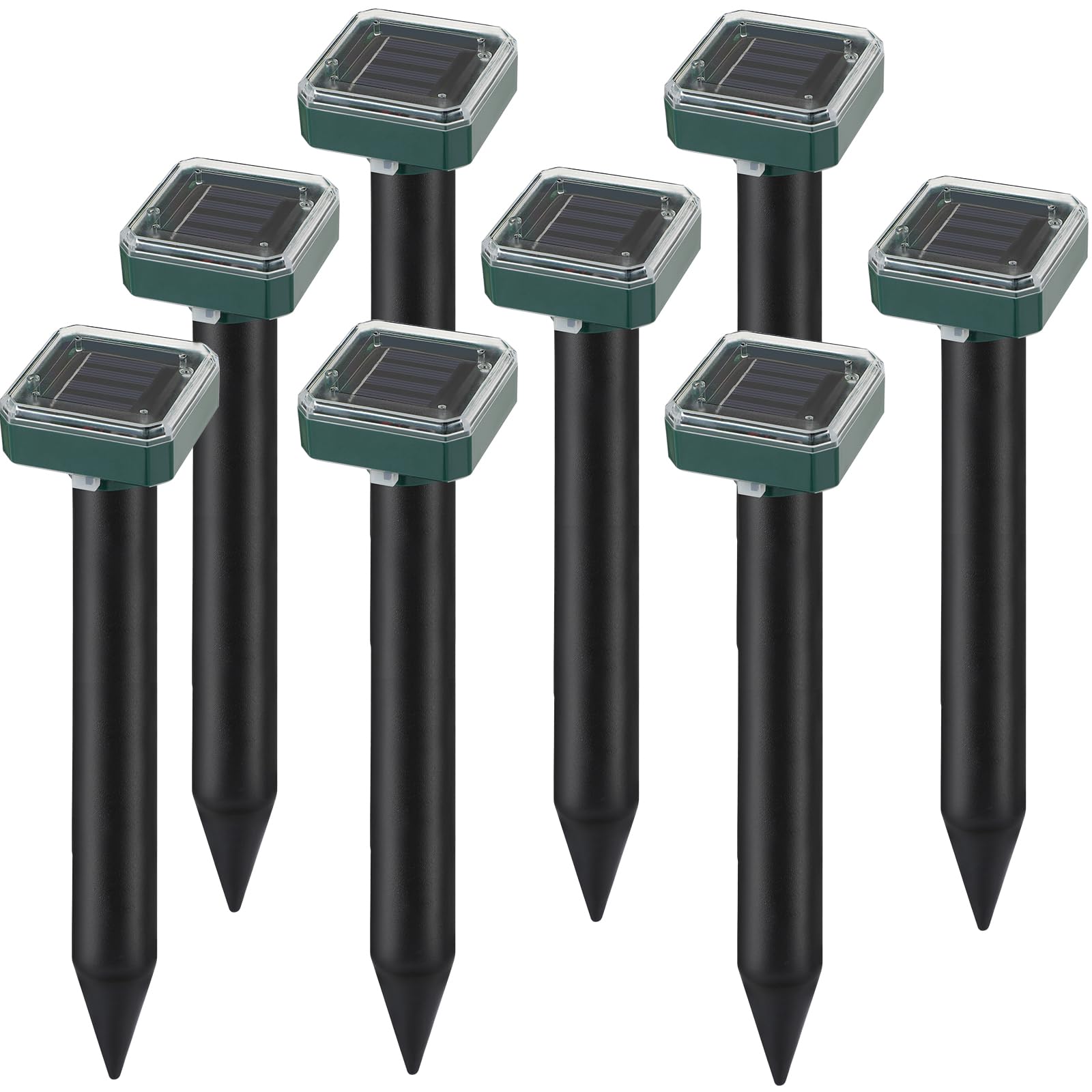 RC Tech Trading front packaging showing eight solar mole repeller stakes and benefits