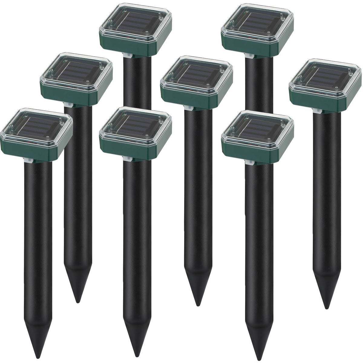 RC Tech Trading front packaging showing eight solar mole repeller stakes and benefits
