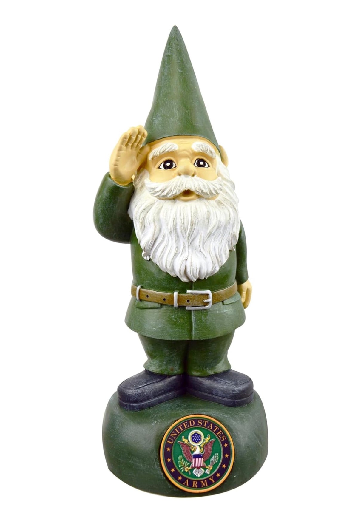 RCS Gifts Army gnome front view showing salute and uniform detail for display