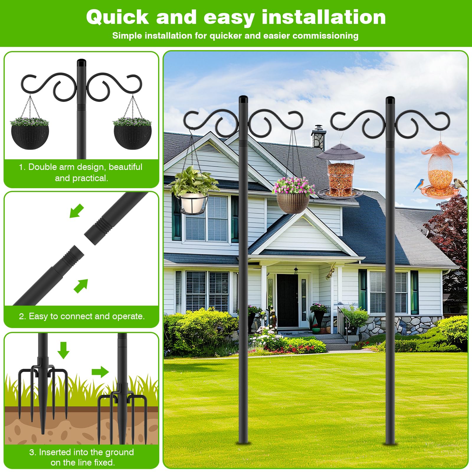 RCUICA double-arm hook top holding two items for balanced garden display