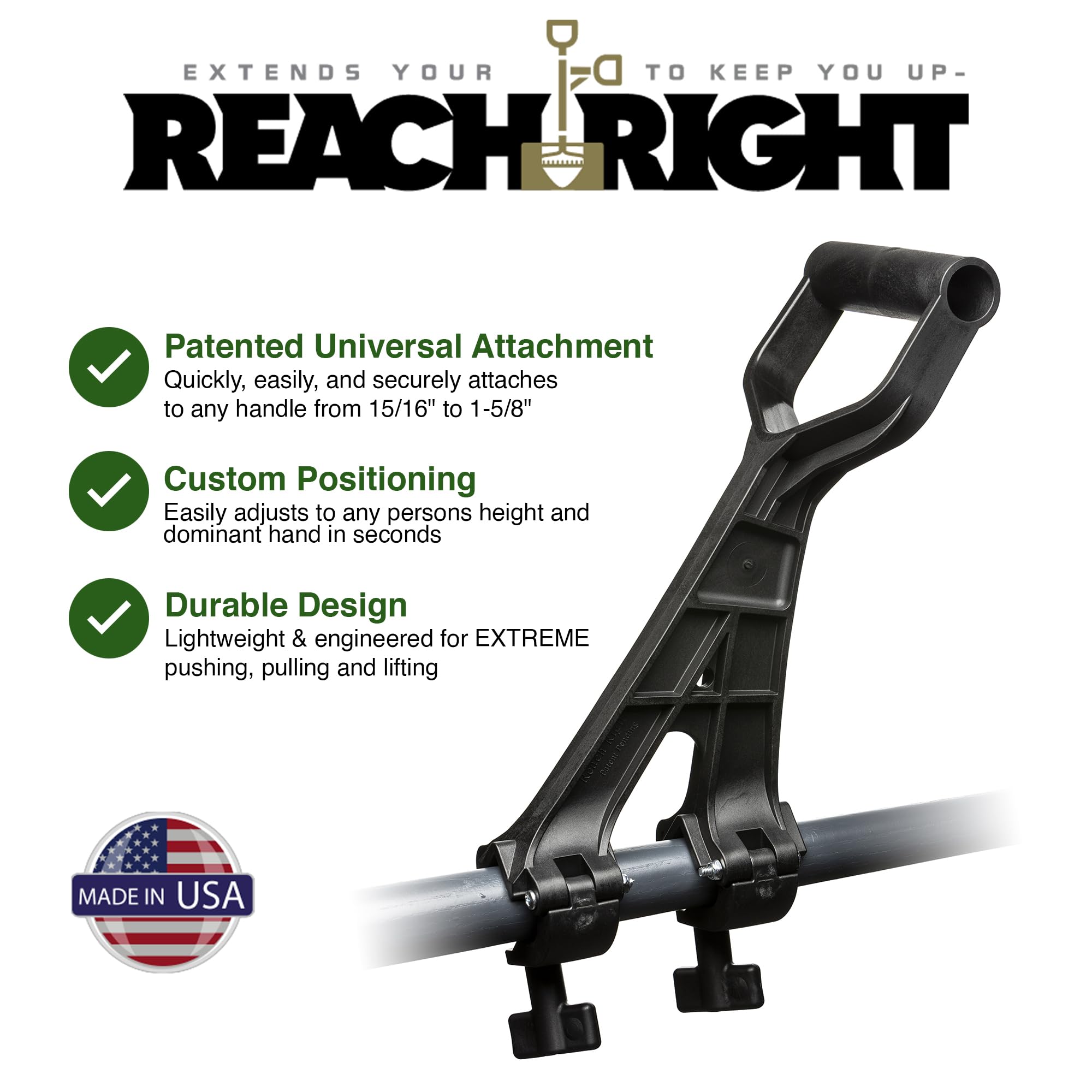 Reach Right close-up of patented clamp mechanism highlighting secure fit on shafts