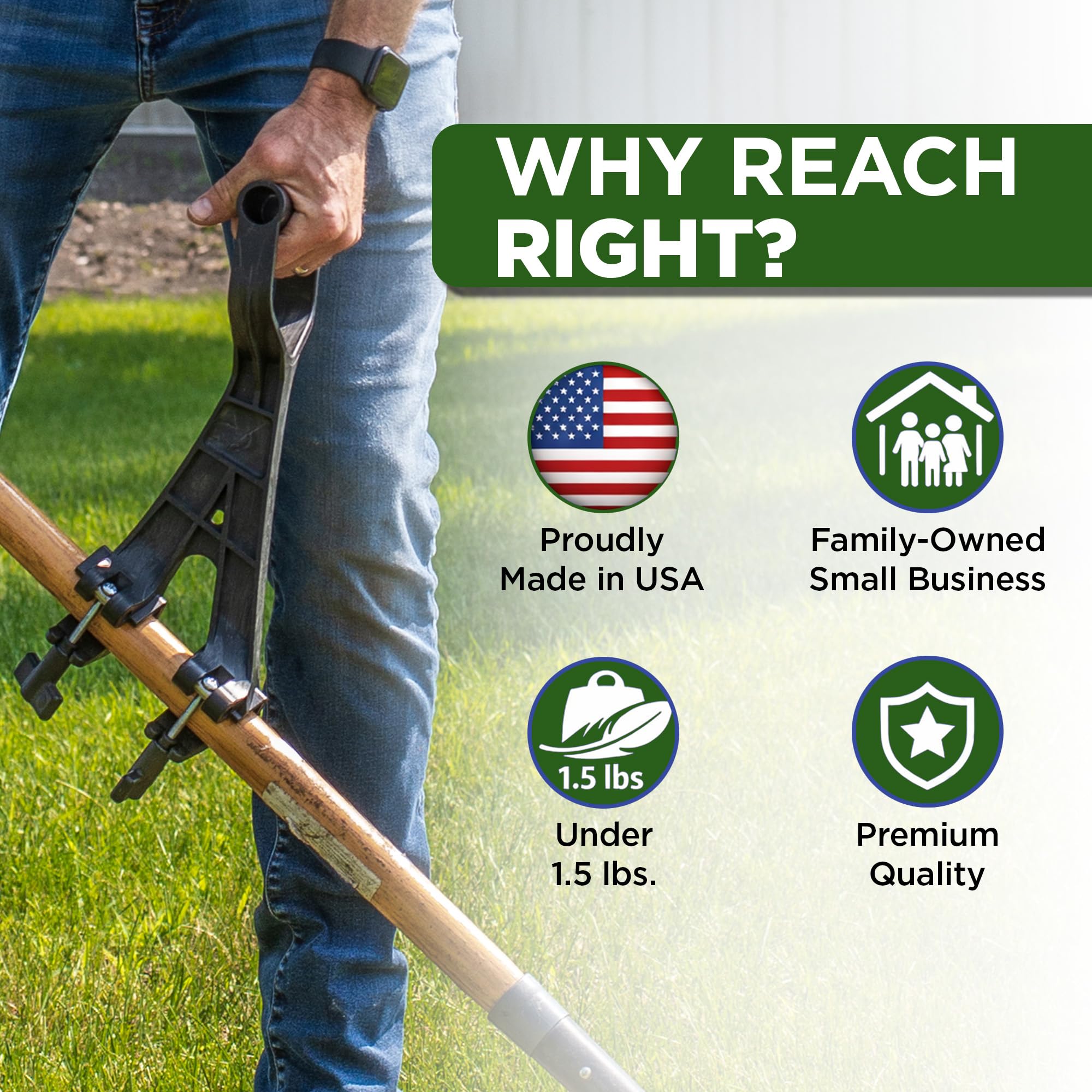 Reach Right installed on tools in a garden scene promoting easier yard work