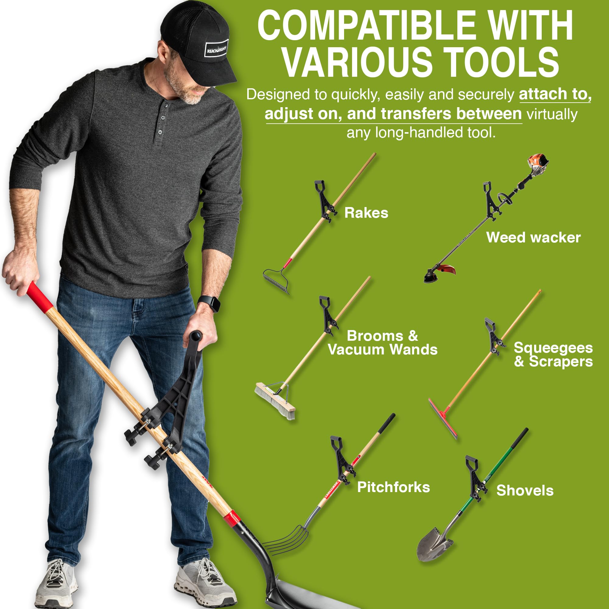 Reach Right mounted on a shovel demonstrating improved leverage and posture