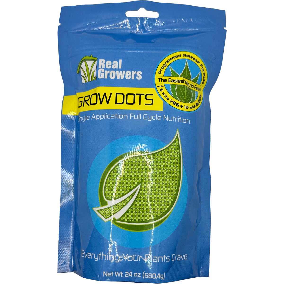 Real Growers front label showing product and benefits for dependable feeding
