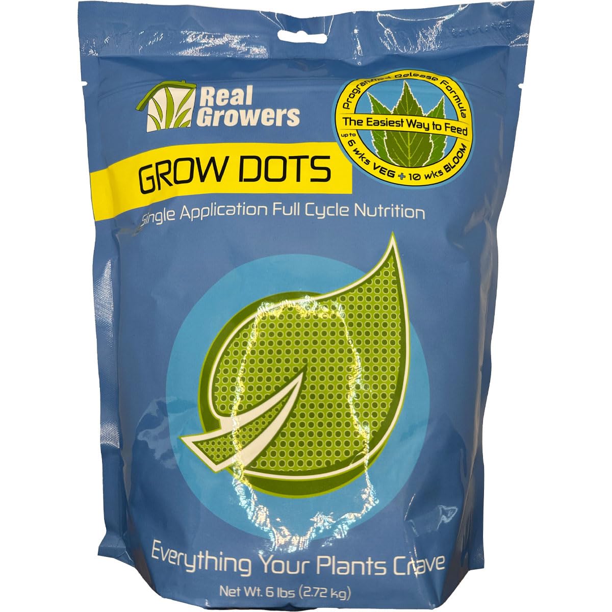 Real Growers front packaging showing 6lb bulk and programmed-release benefits
