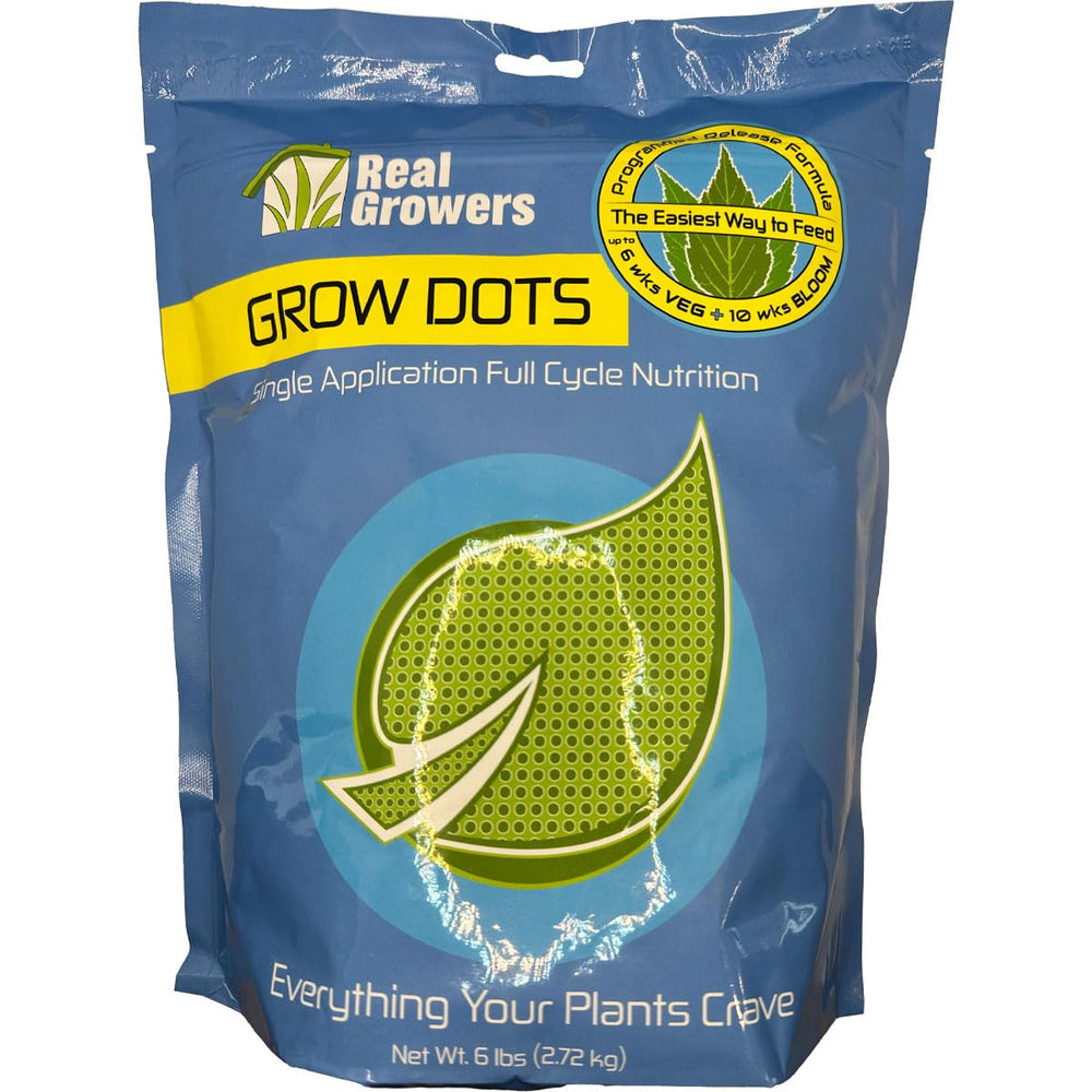 Real Growers front packaging showing 6lb bulk and programmed-release benefits