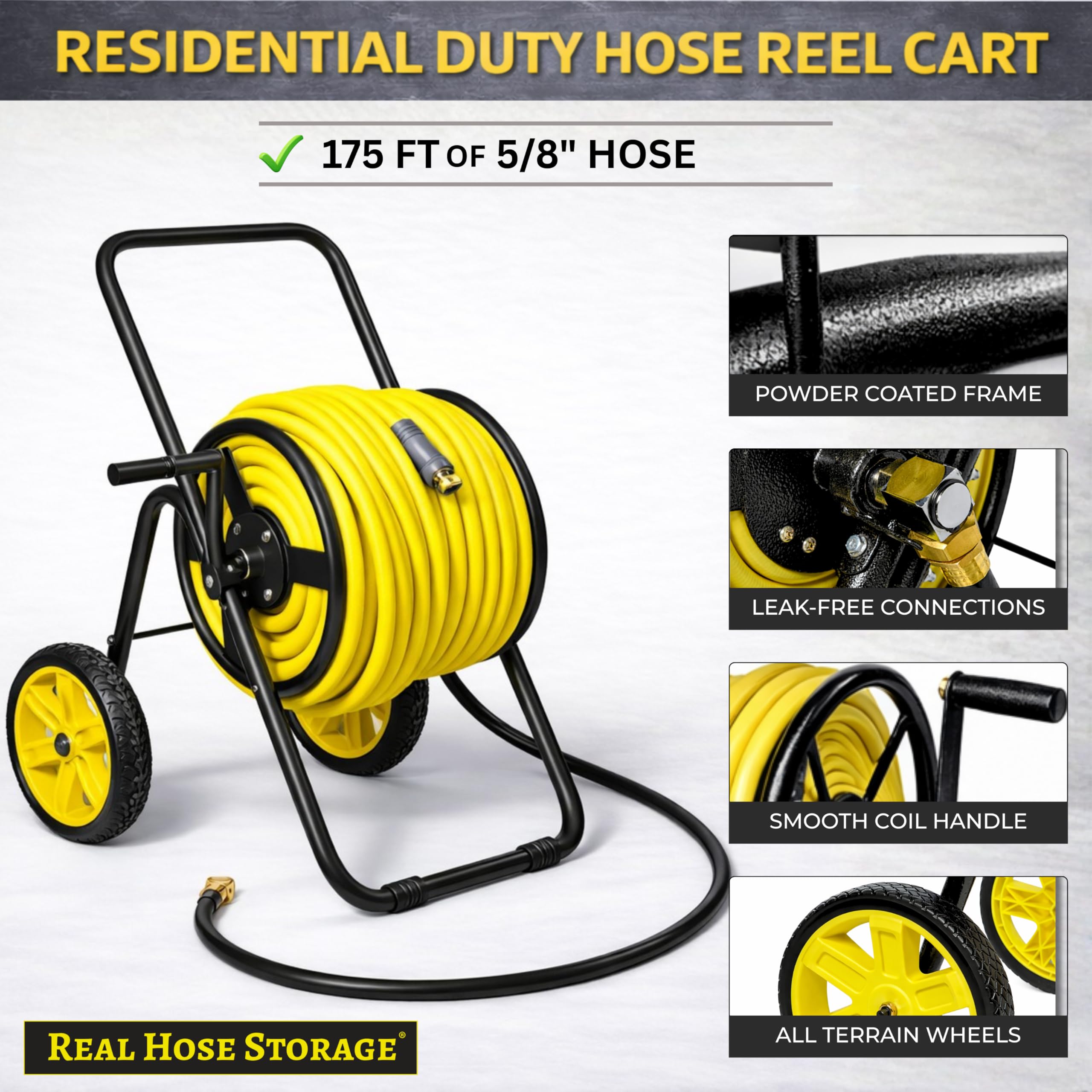 Real Hose Storage close-up of powder-coated frame for rust resistance