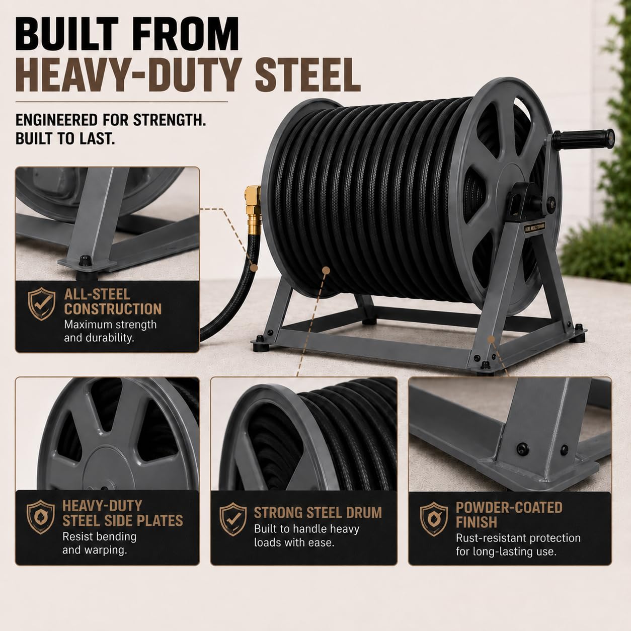 Real Hose Storage anchored to floor showing stable floor-mounting benefit